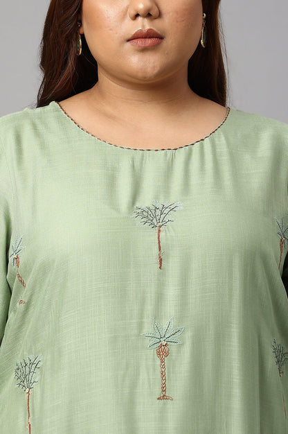 Light Green Plus Size Embroidered kurta With Printed Parallel Pants And Dupatta - wforwoman