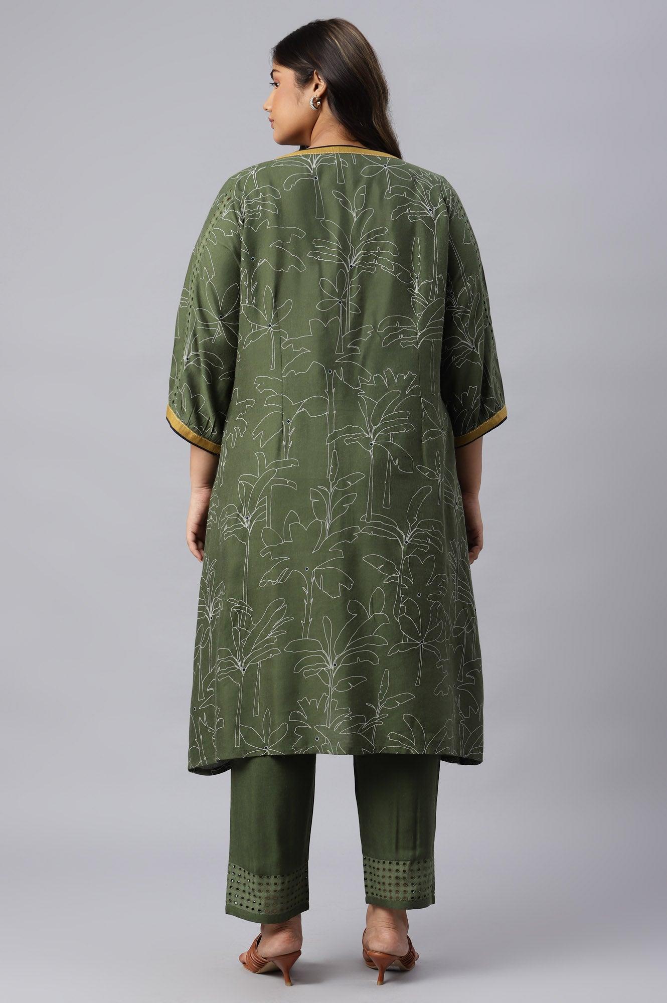 Dark Green Plus Size Landscape Print kurta With Pants - wforwoman