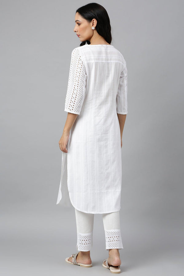 Ecru Textured Schiffli kurta With Pants Set