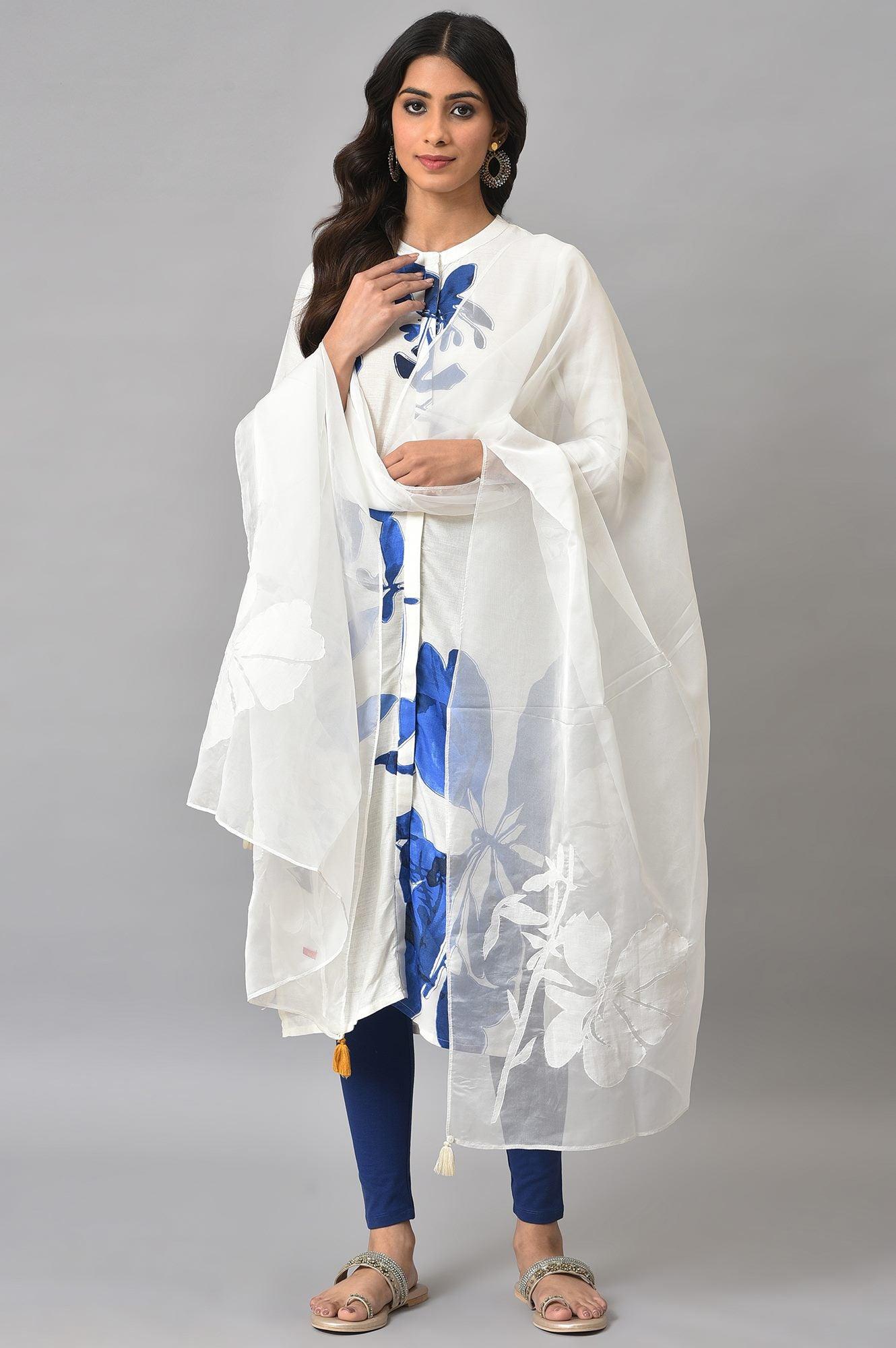 Ecru Shirt kurta With Dark Blue Tights And Organza Dupatta - wforwoman