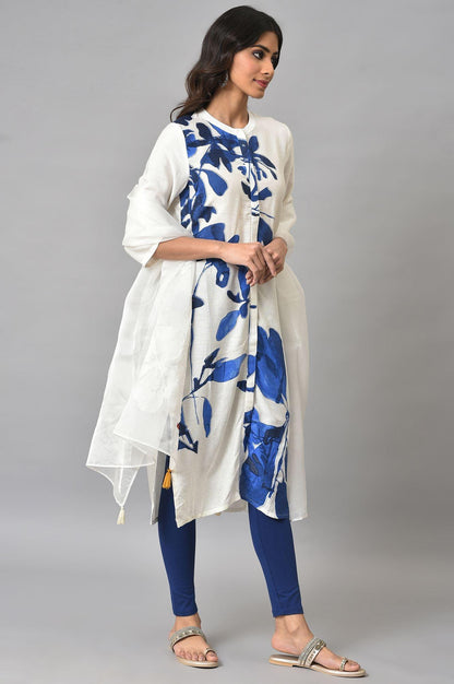 Ecru Shirt kurta With Dark Blue Tights And Organza Dupatta - wforwoman