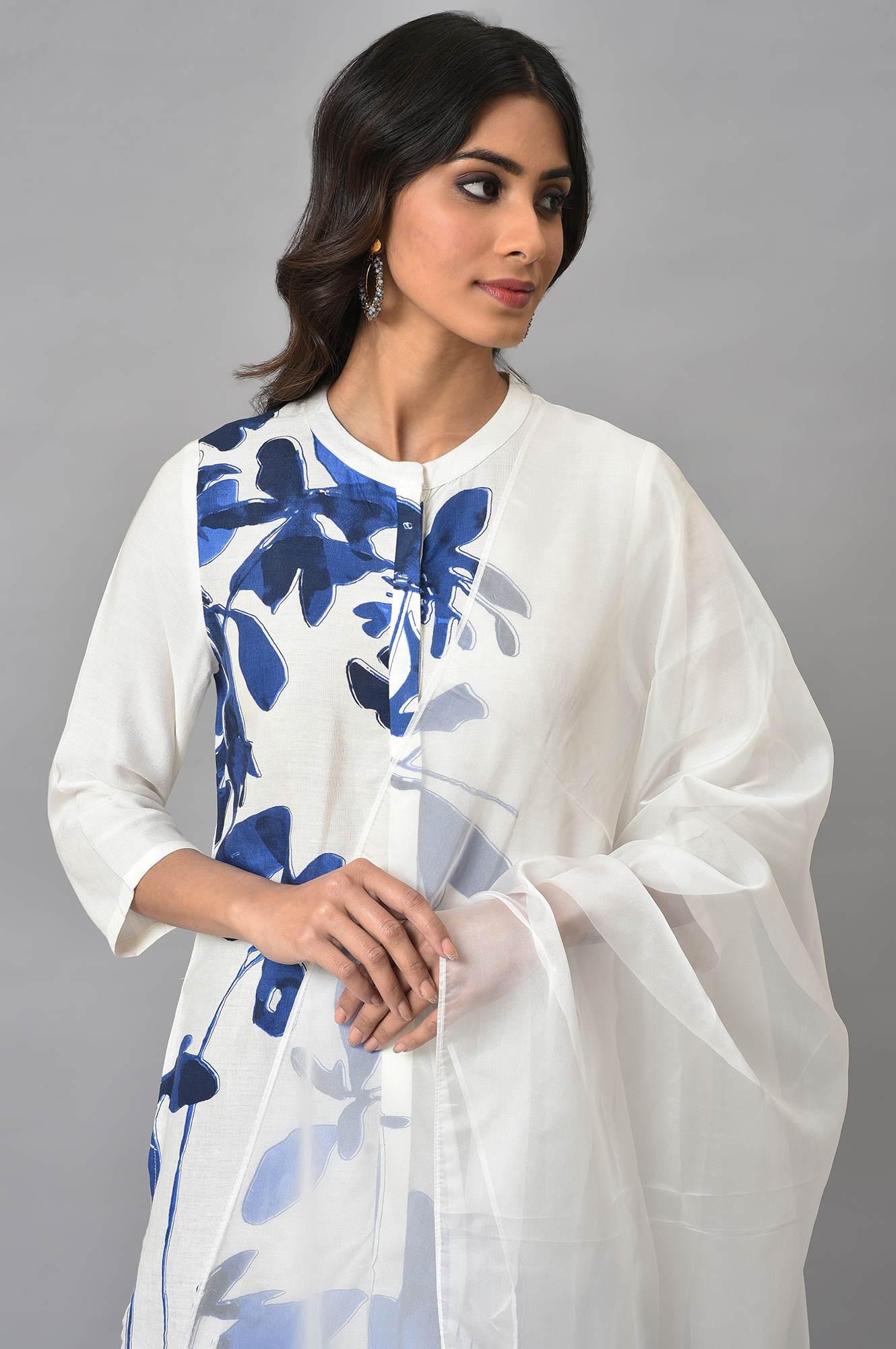 Ecru Shirt kurta With Dark Blue Tights And Organza Dupatta - wforwoman