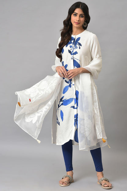 Ecru Shirt kurta With Dark Blue Tights And Organza Dupatta - wforwoman