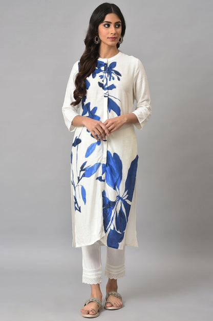 Ecru Floral Print kurta With Lace Slim Pants - wforwoman