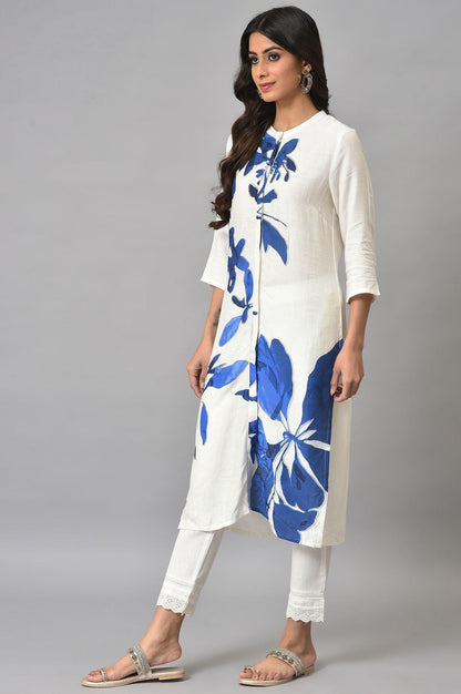 Ecru Floral Print kurta With Lace Slim Pants - wforwoman