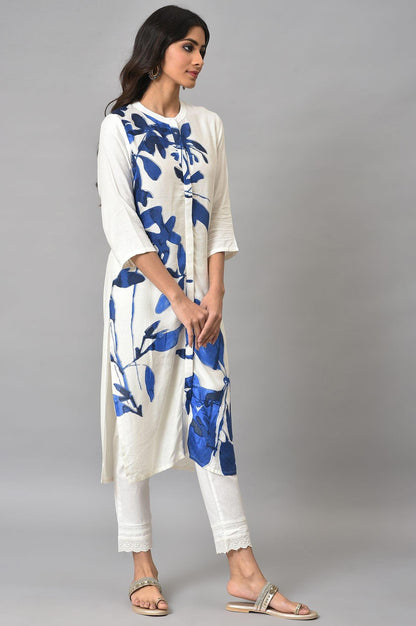 Ecru Floral Print kurta With Lace Slim Pants - wforwoman