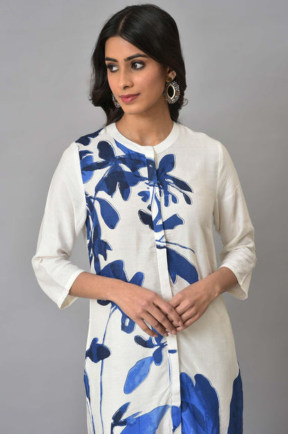 Ecru Floral Print kurta With Lace Slim Pants - wforwoman