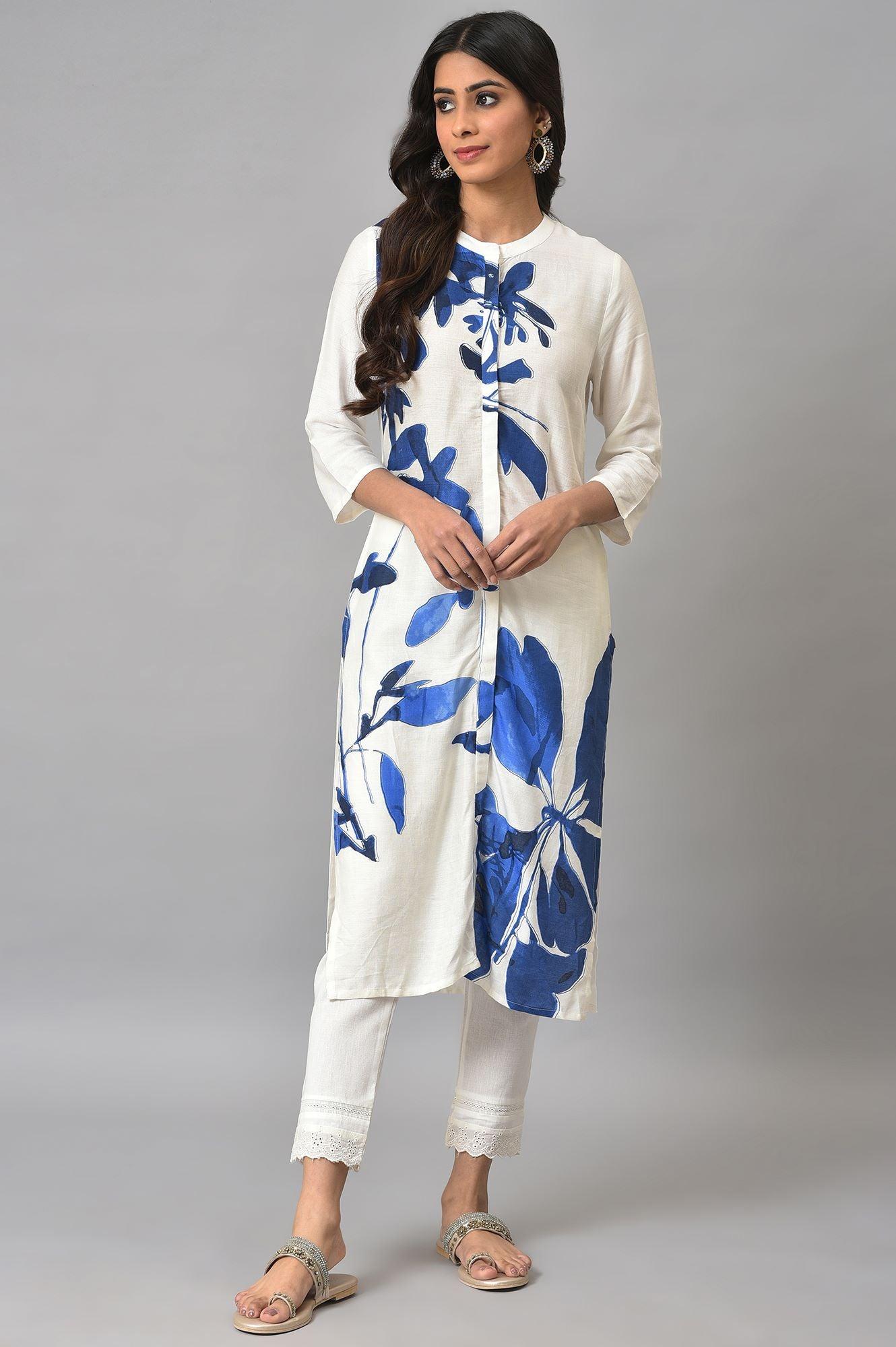 Ecru Floral Print kurta With Lace Slim Pants - wforwoman