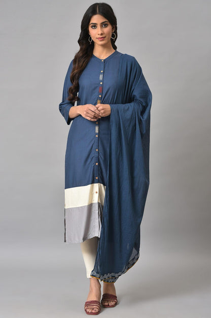 Blue Embroidered kurta With Ecru Tights And Blue Dupatta - wforwoman