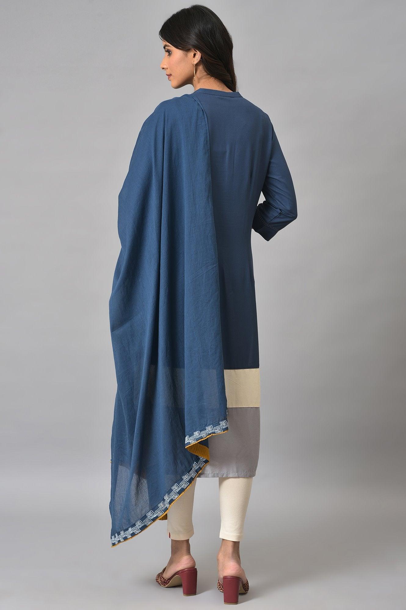 Blue Embroidered kurta With Ecru Tights And Blue Dupatta - wforwoman