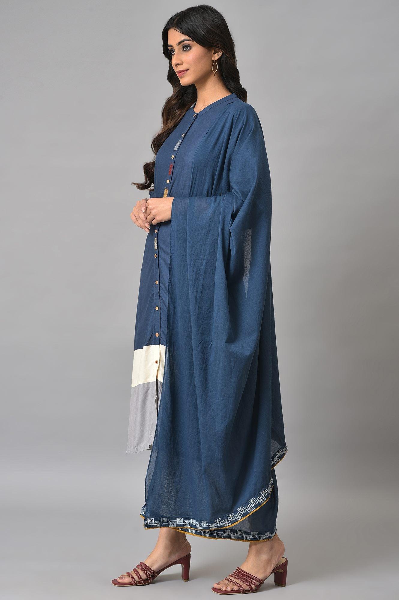 Blue Embroidered kurta With Ecru Tights And Blue Dupatta - wforwoman