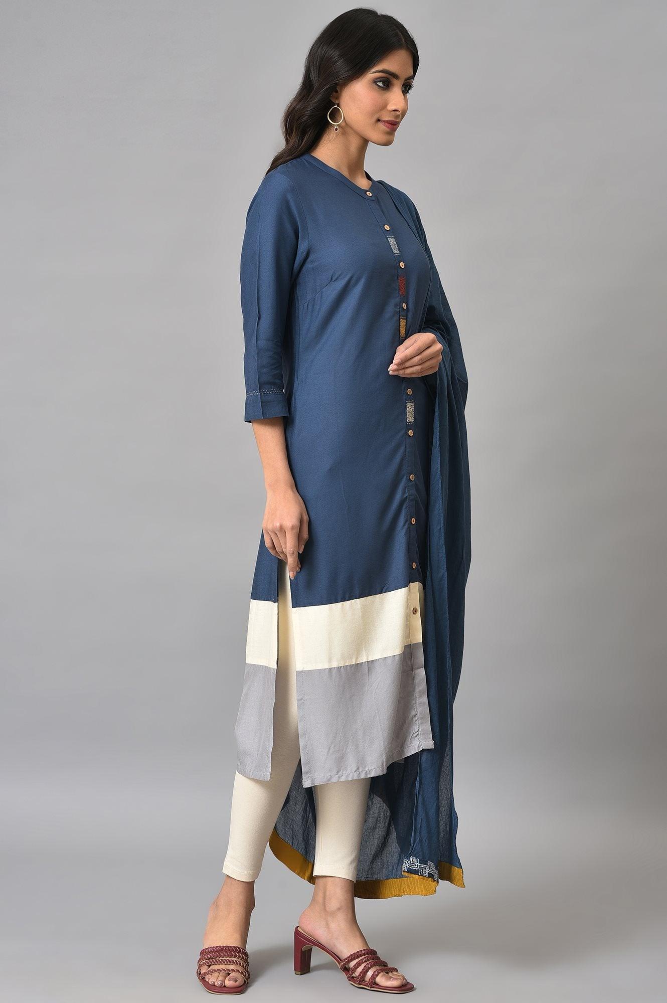 Blue Embroidered kurta With Ecru Tights And Blue Dupatta - wforwoman