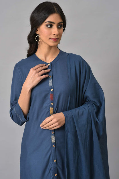 Blue Embroidered kurta With Ecru Tights And Blue Dupatta - wforwoman