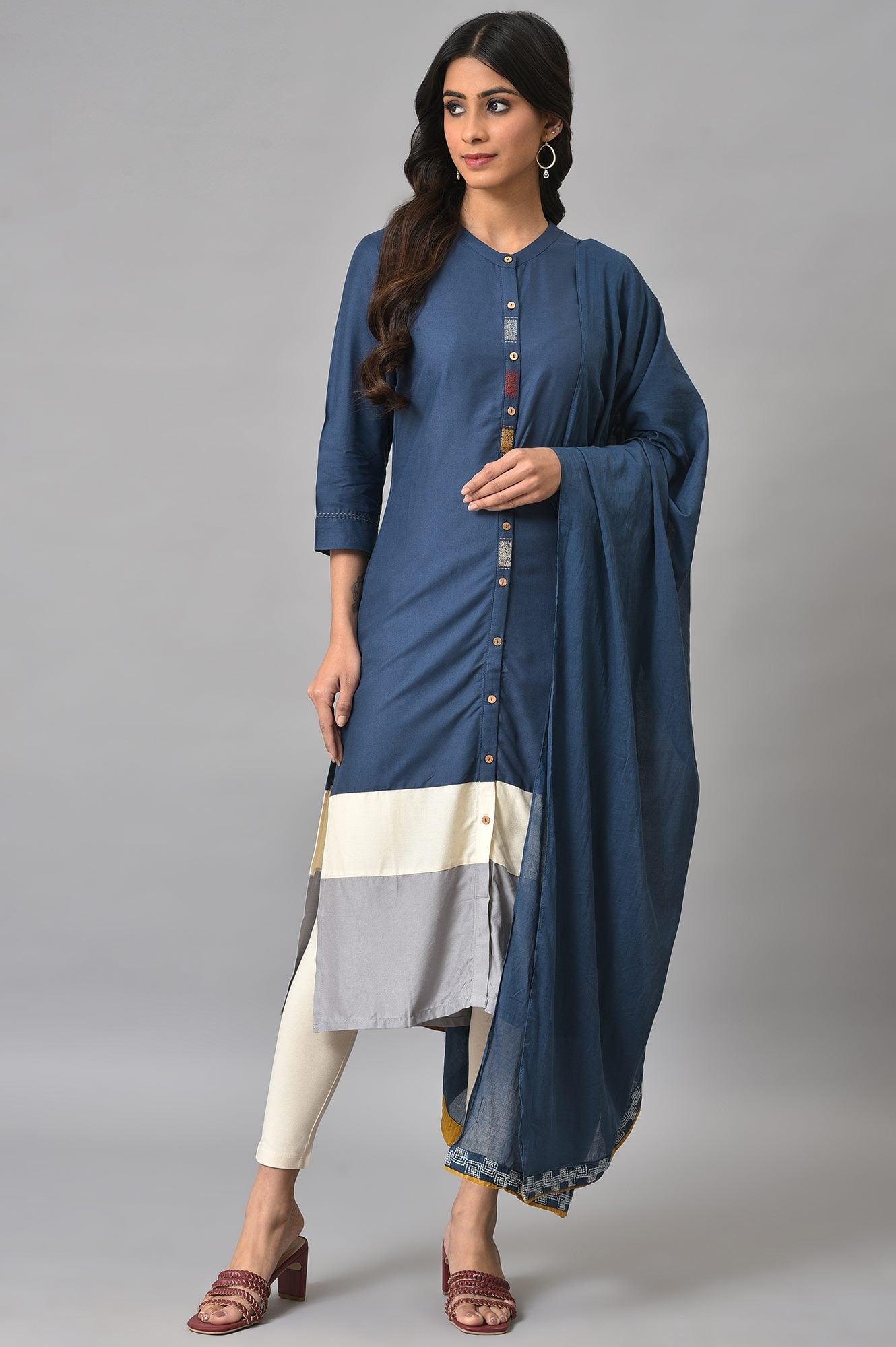 Blue Embroidered kurta With Ecru Tights And Blue Dupatta - wforwoman