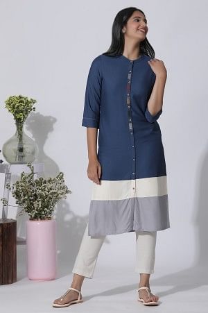 Blue &amp; Grey Colour Block Kurta And Pants Set