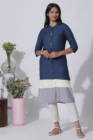 Blue &amp; Grey Colour Block Kurta And Pants Set