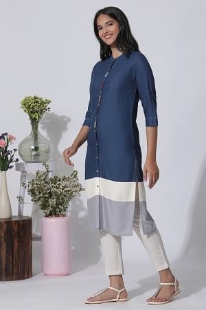 Blue &amp; Grey Colour Block Kurta And Pants Set