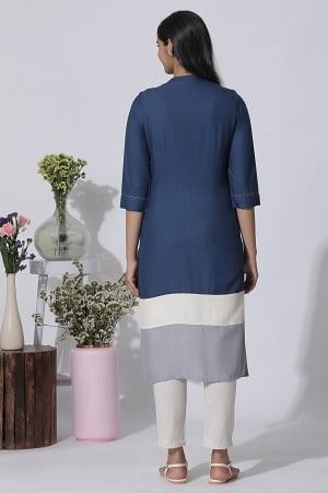 Blue &amp; Grey Colour Block Kurta And Pants Set