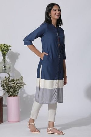 Blue &amp; Grey Colour Block Kurta And Pants Set