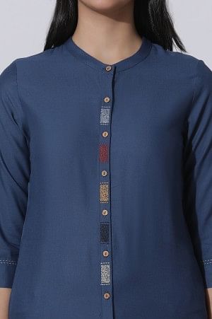 Blue &amp; Grey Colour Block Kurta And Pants Set