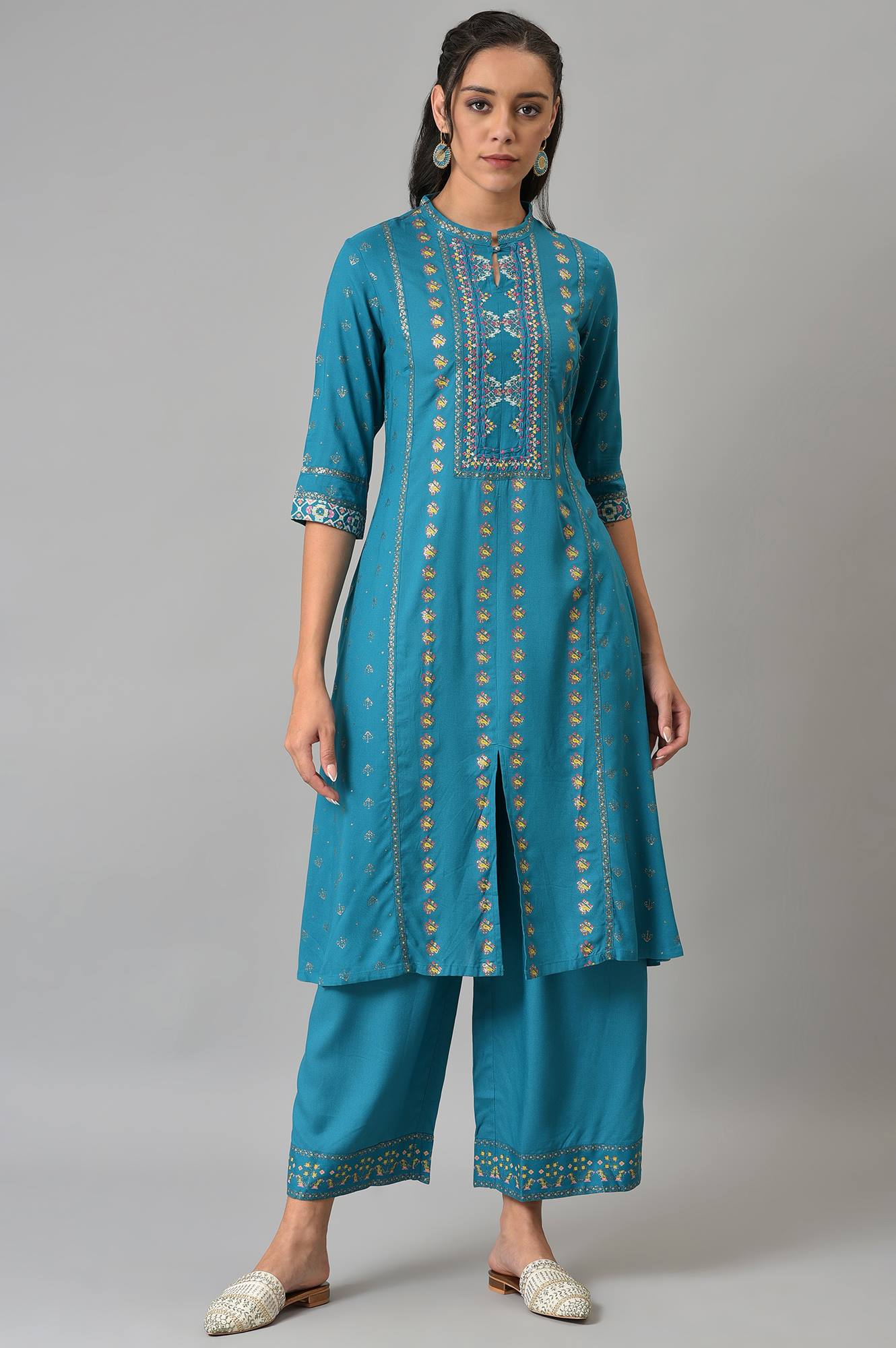 Blue A-Line Embroidered kurta With Parallel Pants