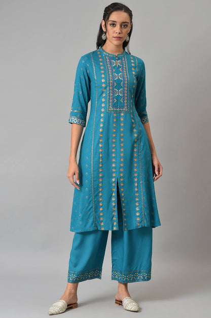 Blue A-Line Embroidered kurta With Parallel Pants