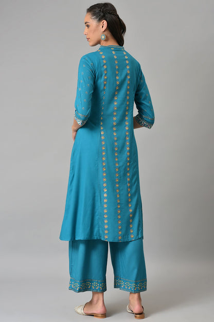 Blue A-Line Embroidered kurta With Parallel Pants