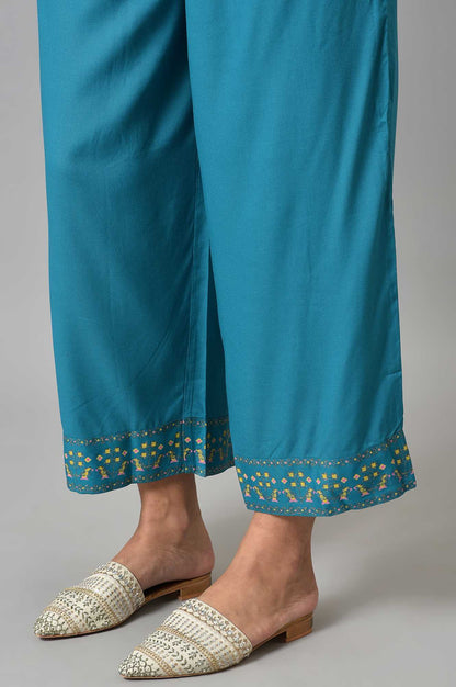 Blue A-Line Embroidered kurta With Parallel Pants