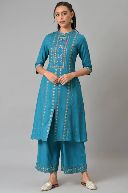 Blue A-Line Embroidered kurta With Parallel Pants