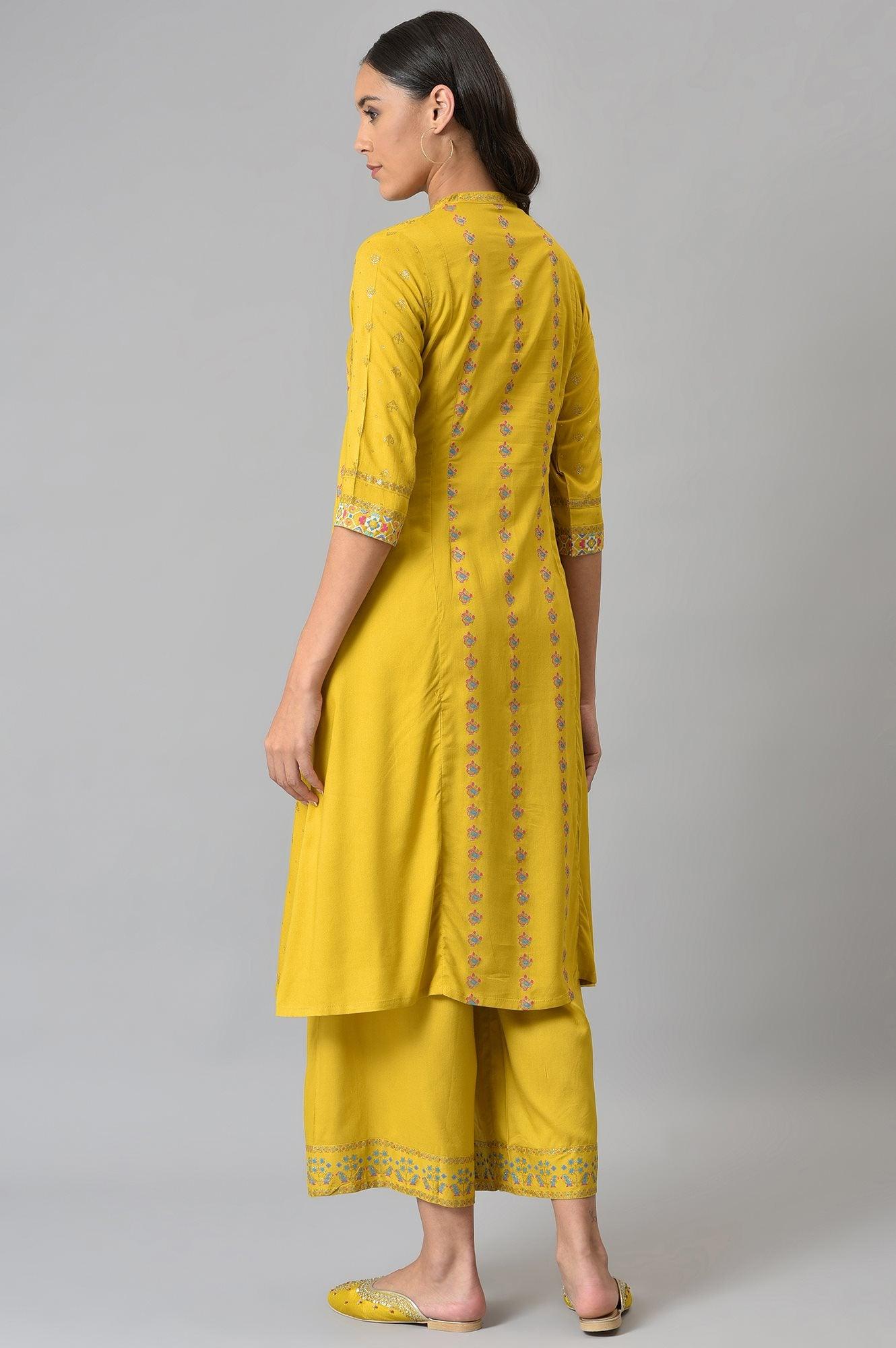 Dark Yellow Embroidered A-Line kurta With Printed Parallel Pants - wforwoman