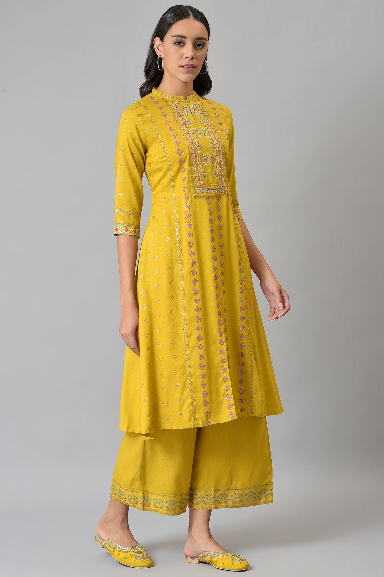 Dark Yellow Embroidered A-Line kurta With Printed Parallel Pants - wforwoman