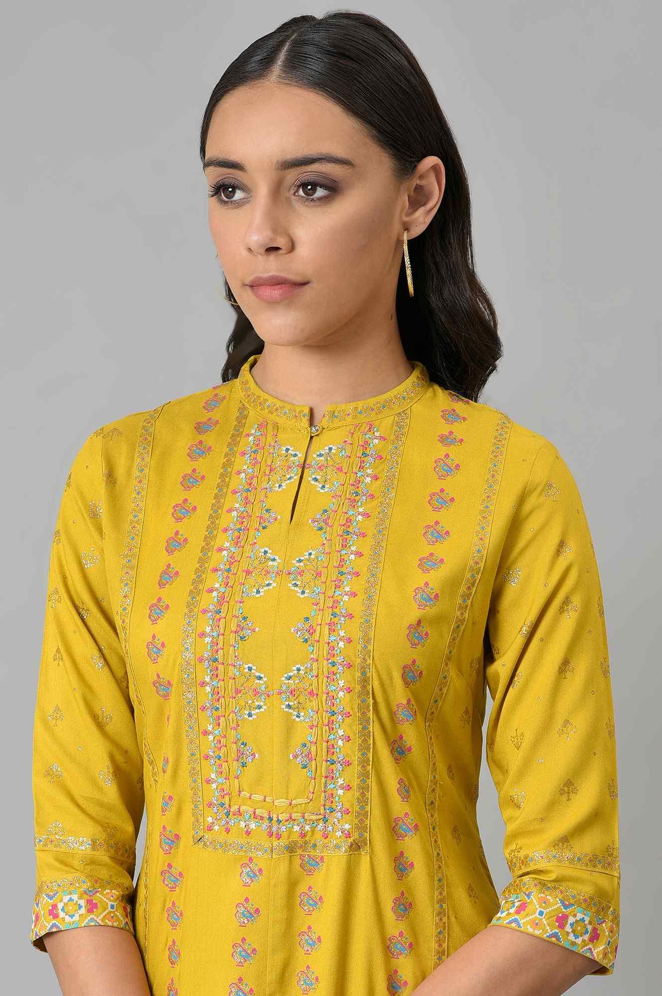 Dark Yellow Embroidered A-Line kurta With Printed Parallel Pants - wforwoman