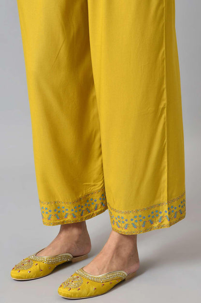 Dark Yellow Embroidered A-Line kurta With Printed Parallel Pants - wforwoman