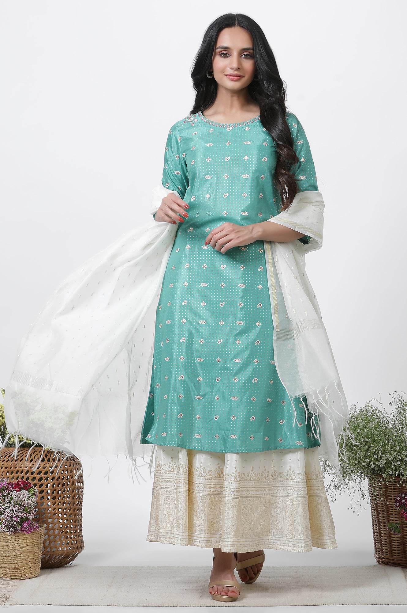 Marine Green A-Line Glitter Printed Kurta, Pants And Dupatta Set