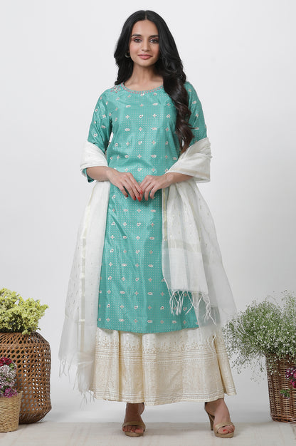 Marine Green A-Line Glitter Printed Kurta, Pants And Dupatta Set