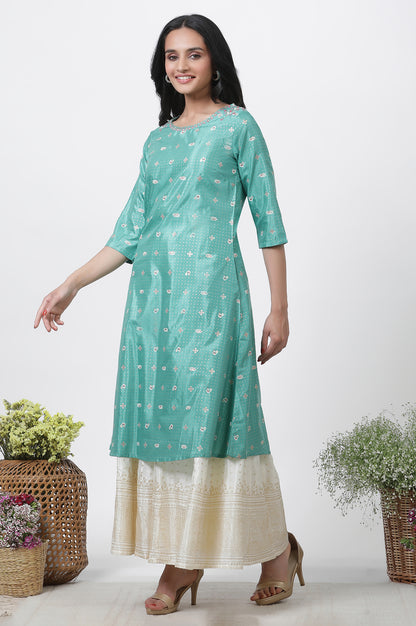 Marine Green A-Line Glitter Printed Kurta, Pants And Dupatta Set