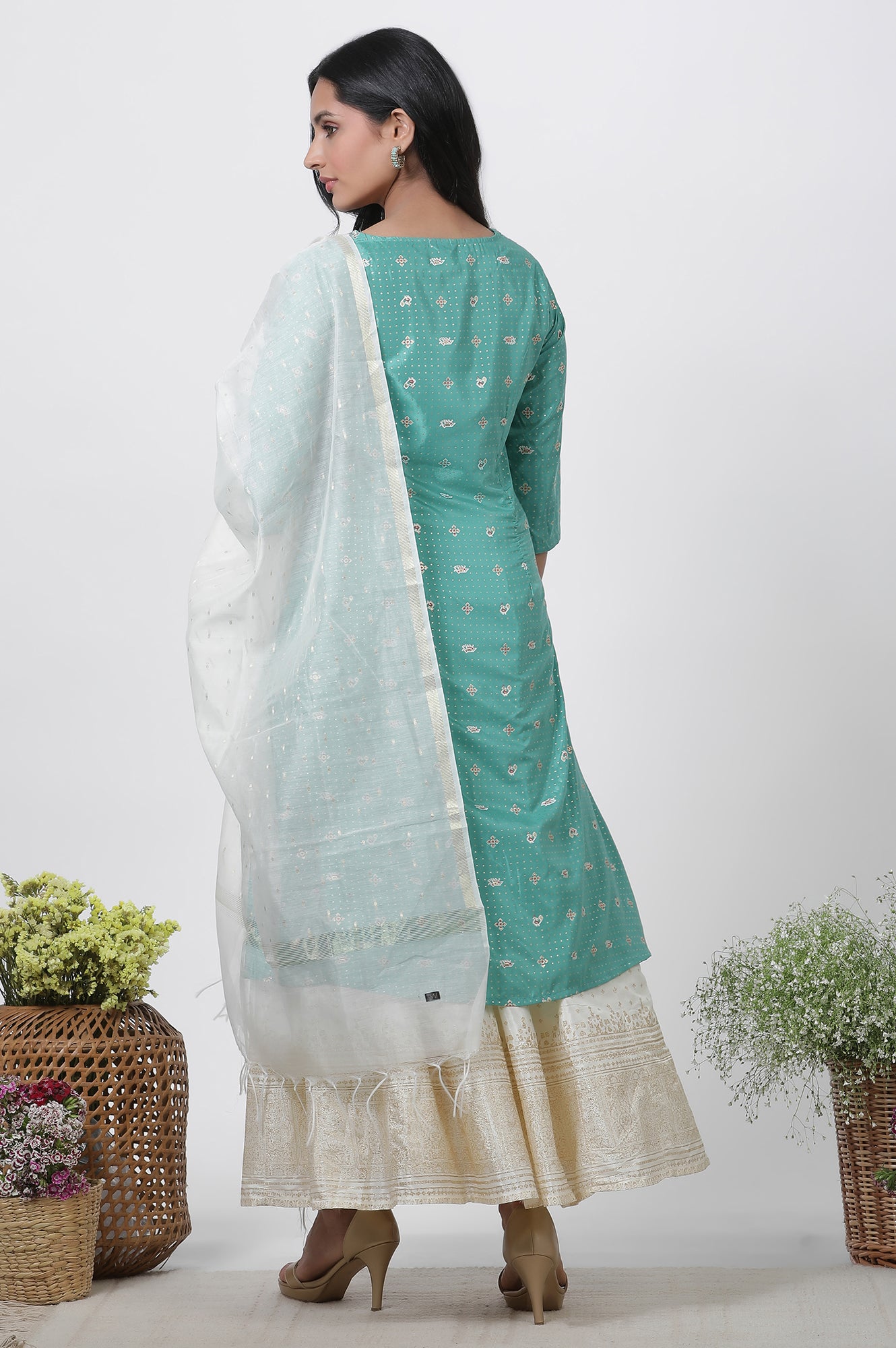 Marine Green A-Line Glitter Printed Kurta, Pants And Dupatta Set