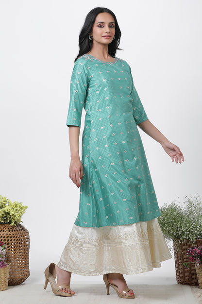 Marine Green A-Line Glitter Printed Kurta, Pants And Dupatta Set