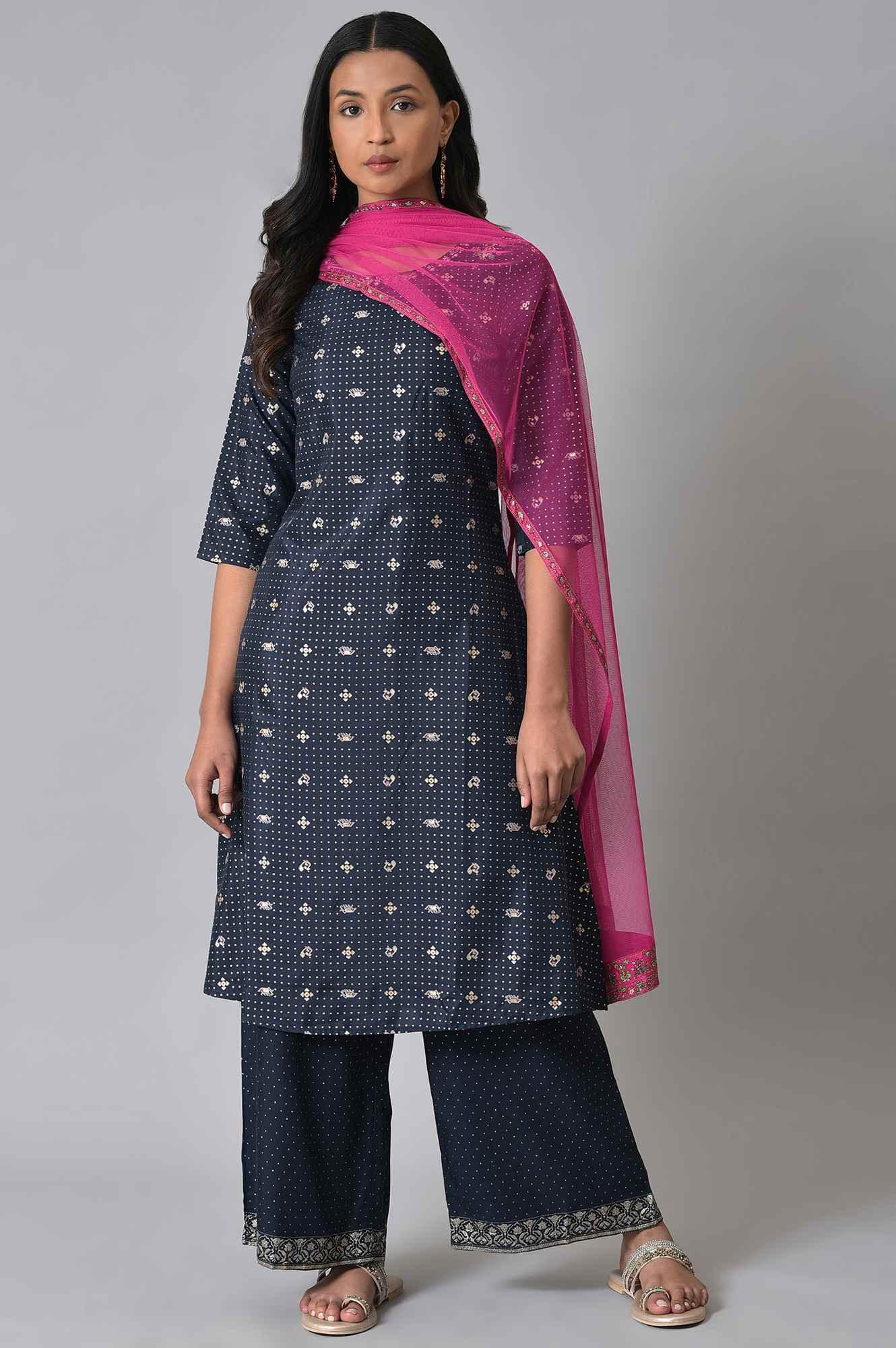 Navy Blue Printed kurta With Parallel Pants And Pink Chiffon Dupatta - wforwoman