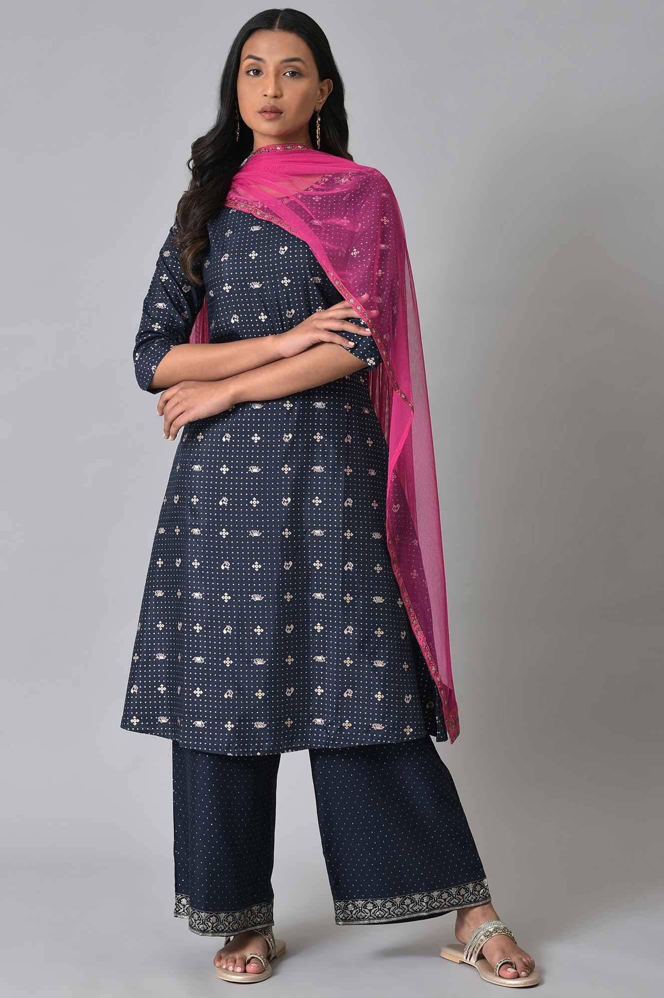 Navy Blue Printed kurta With Parallel Pants And Pink Chiffon Dupatta - wforwoman