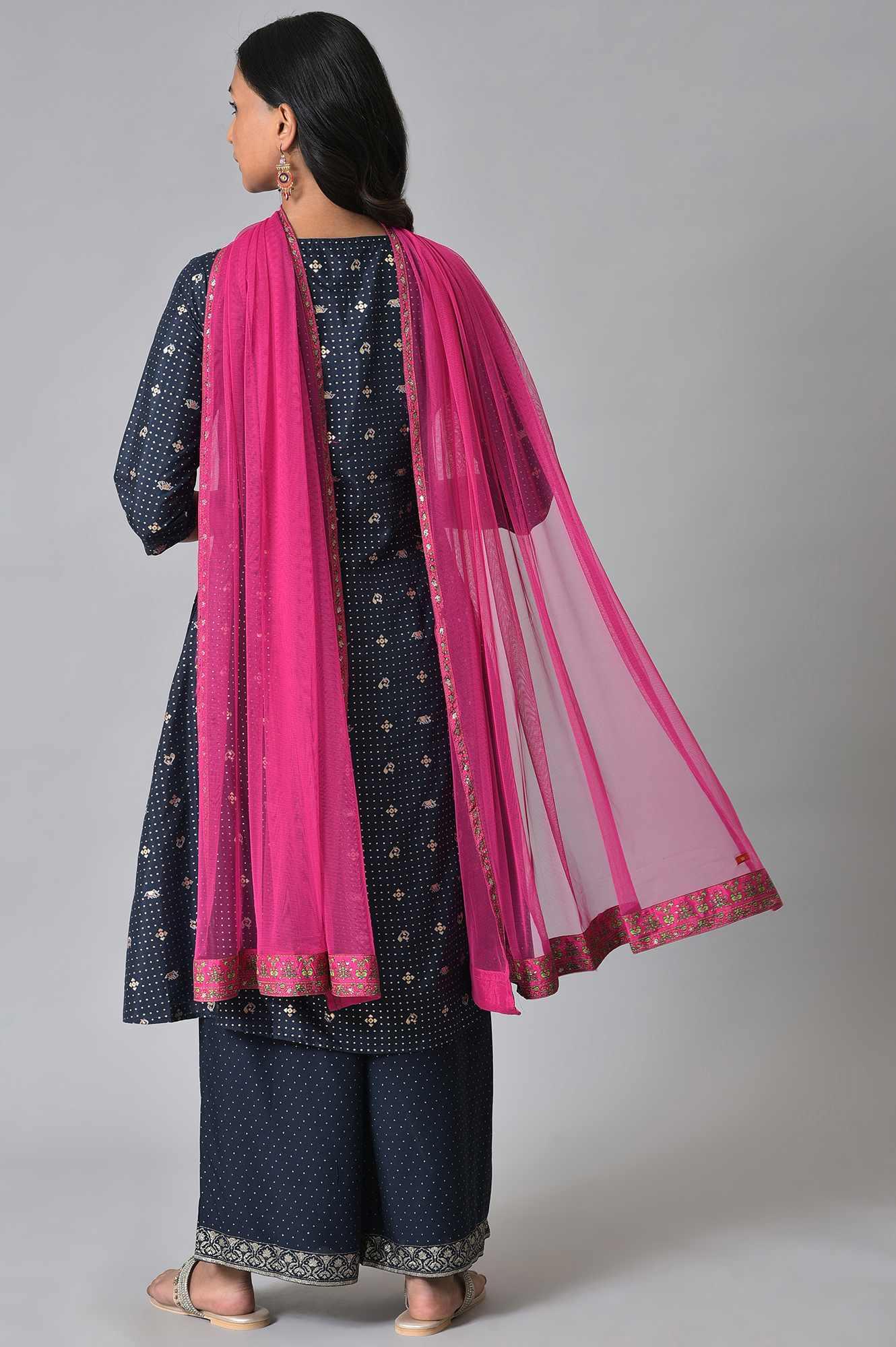 Navy Blue Printed kurta With Parallel Pants And Pink Chiffon Dupatta - wforwoman