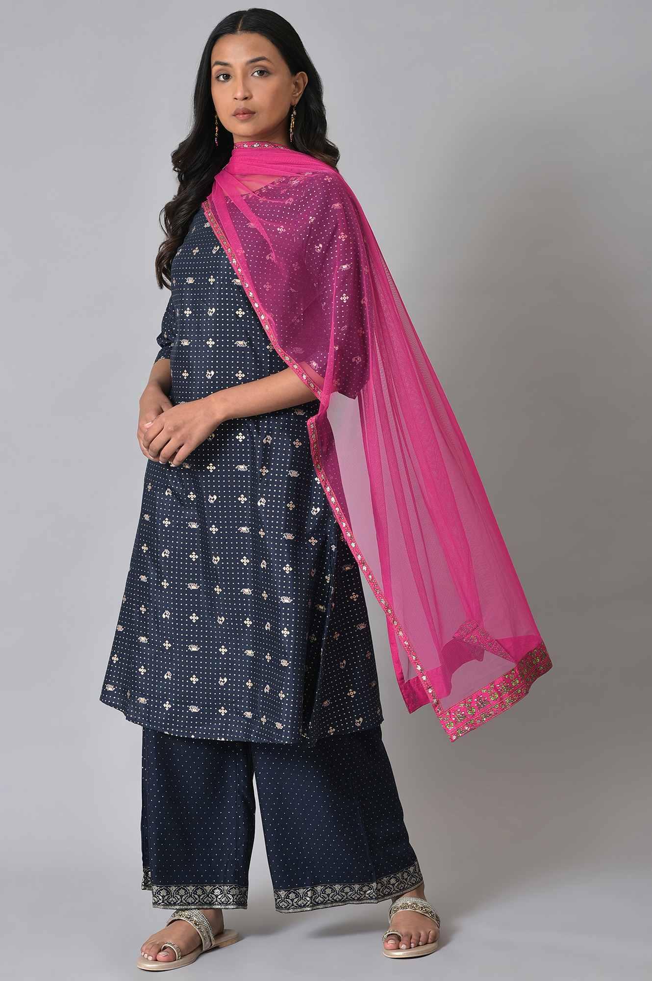 Navy Blue Printed kurta With Parallel Pants And Pink Chiffon Dupatta - wforwoman