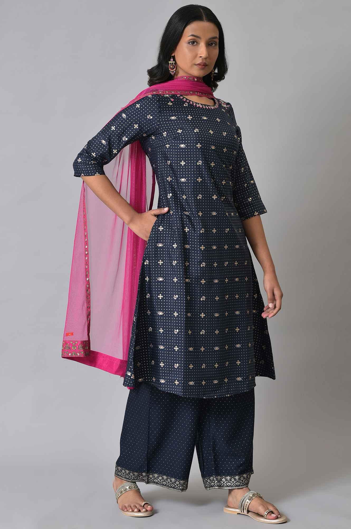 Navy Blue Printed kurta With Parallel Pants And Pink Chiffon Dupatta - wforwoman