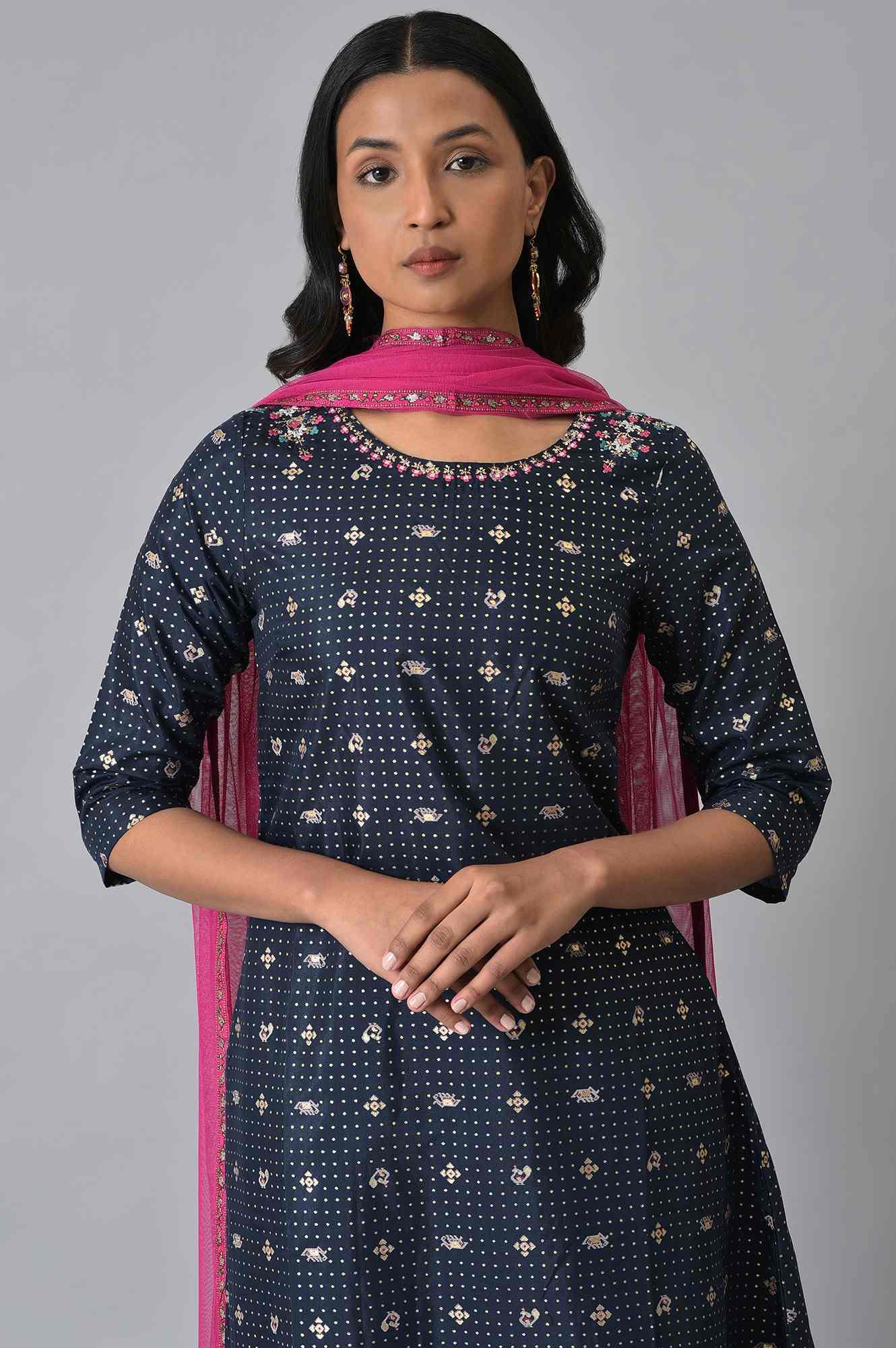 Navy Blue Printed kurta With Parallel Pants And Pink Chiffon Dupatta - wforwoman