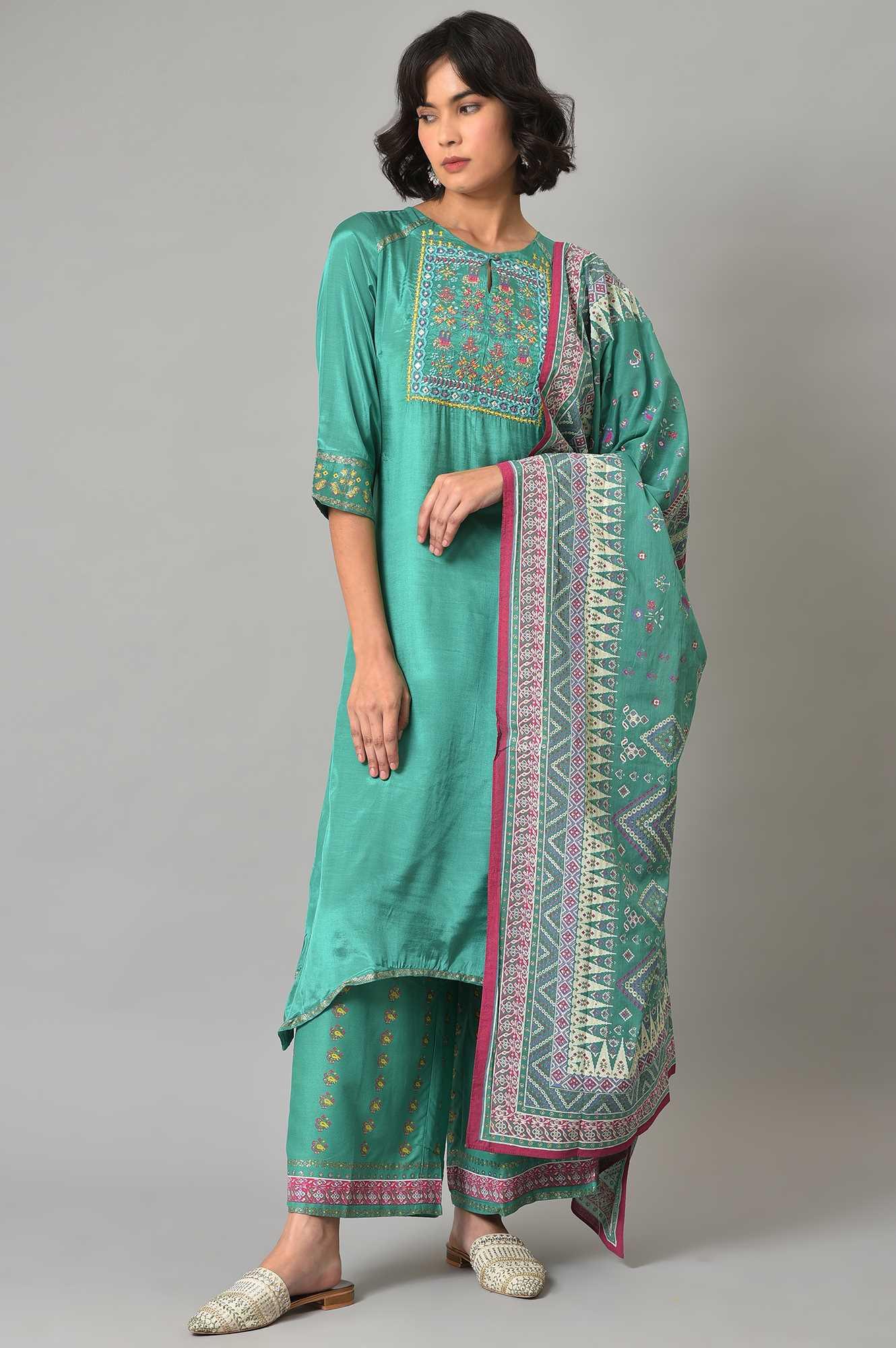 Green Embroidered Shantung kurta With Printed Parallel Pants And Dupatta - wforwoman