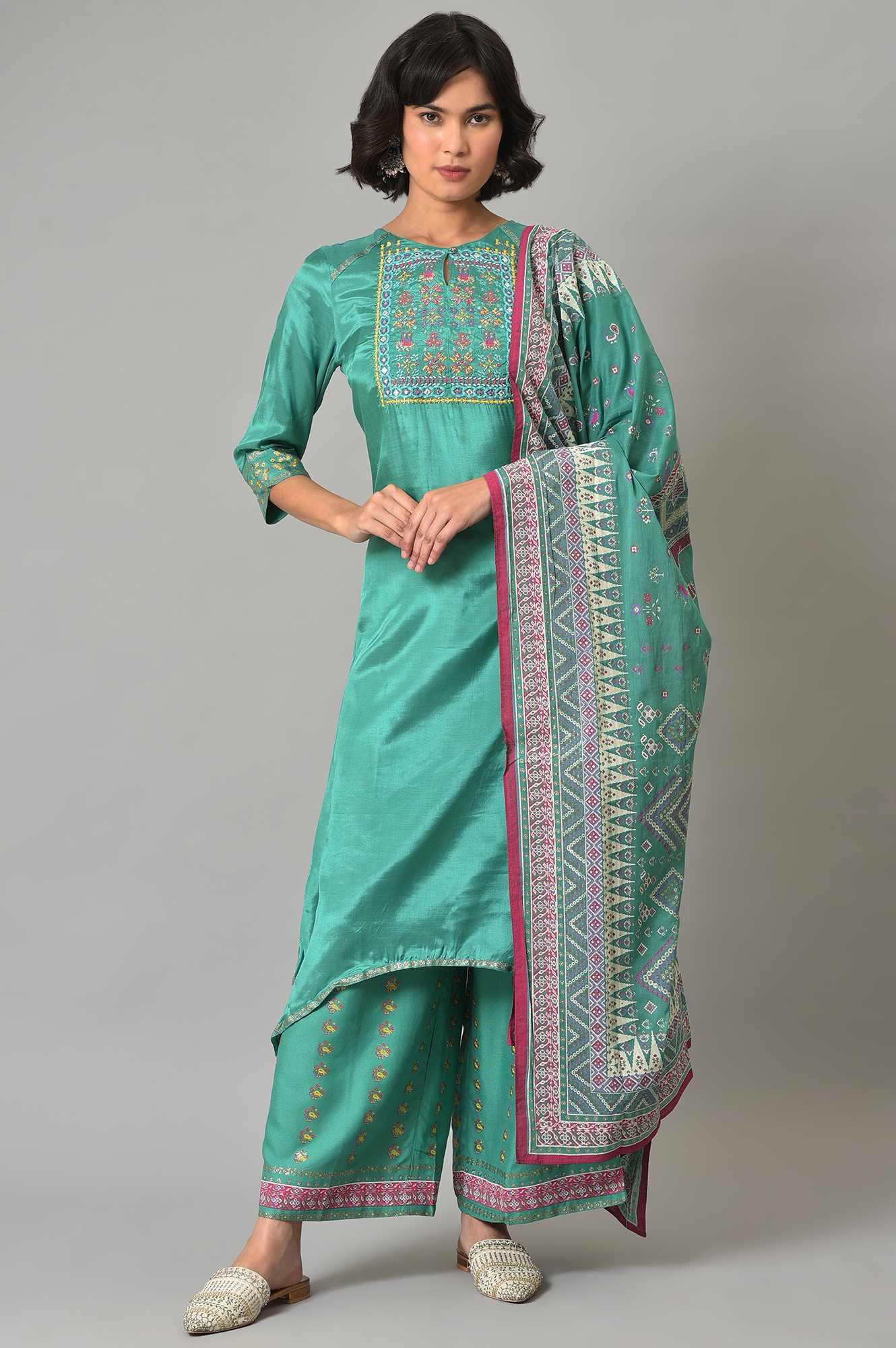 Green Embroidered Shantung kurta With Printed Parallel Pants And Dupatta - wforwoman