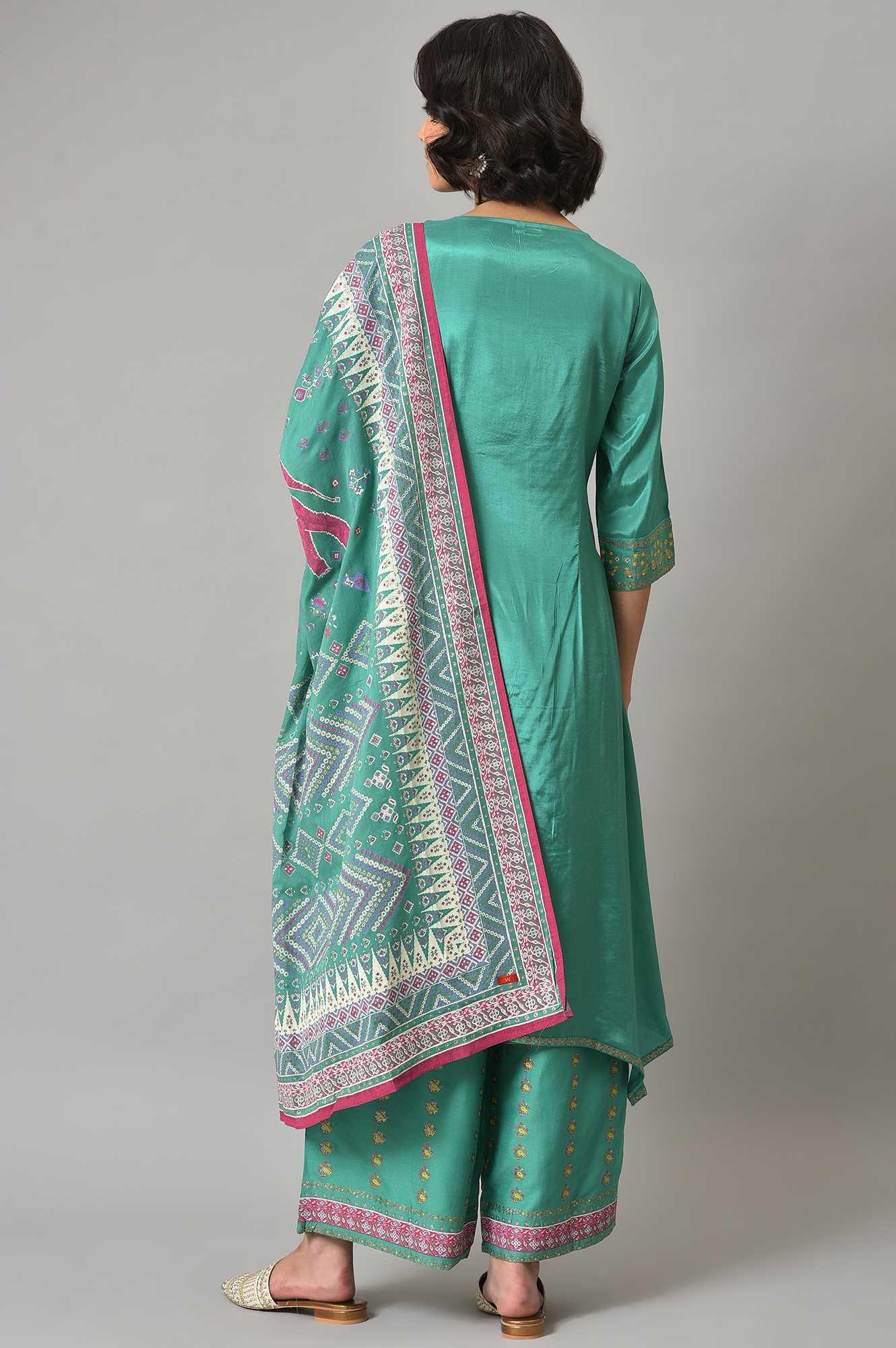 Green Embroidered Shantung kurta With Printed Parallel Pants And Dupatta - wforwoman