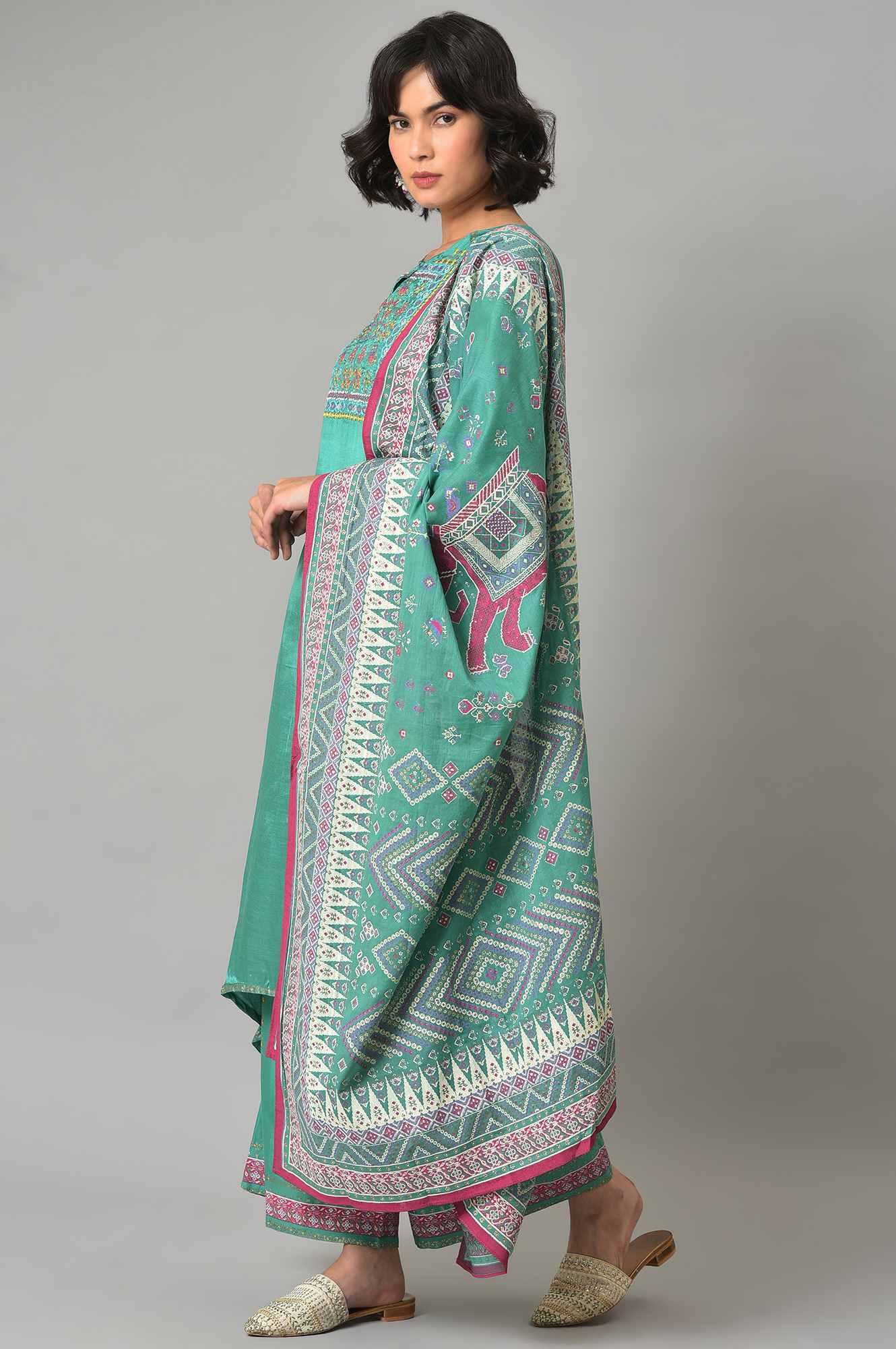 Green Embroidered Shantung kurta With Printed Parallel Pants And Dupatta - wforwoman