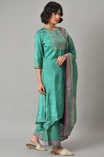 Green Embroidered Shantung kurta With Printed Parallel Pants And Dupatta - wforwoman