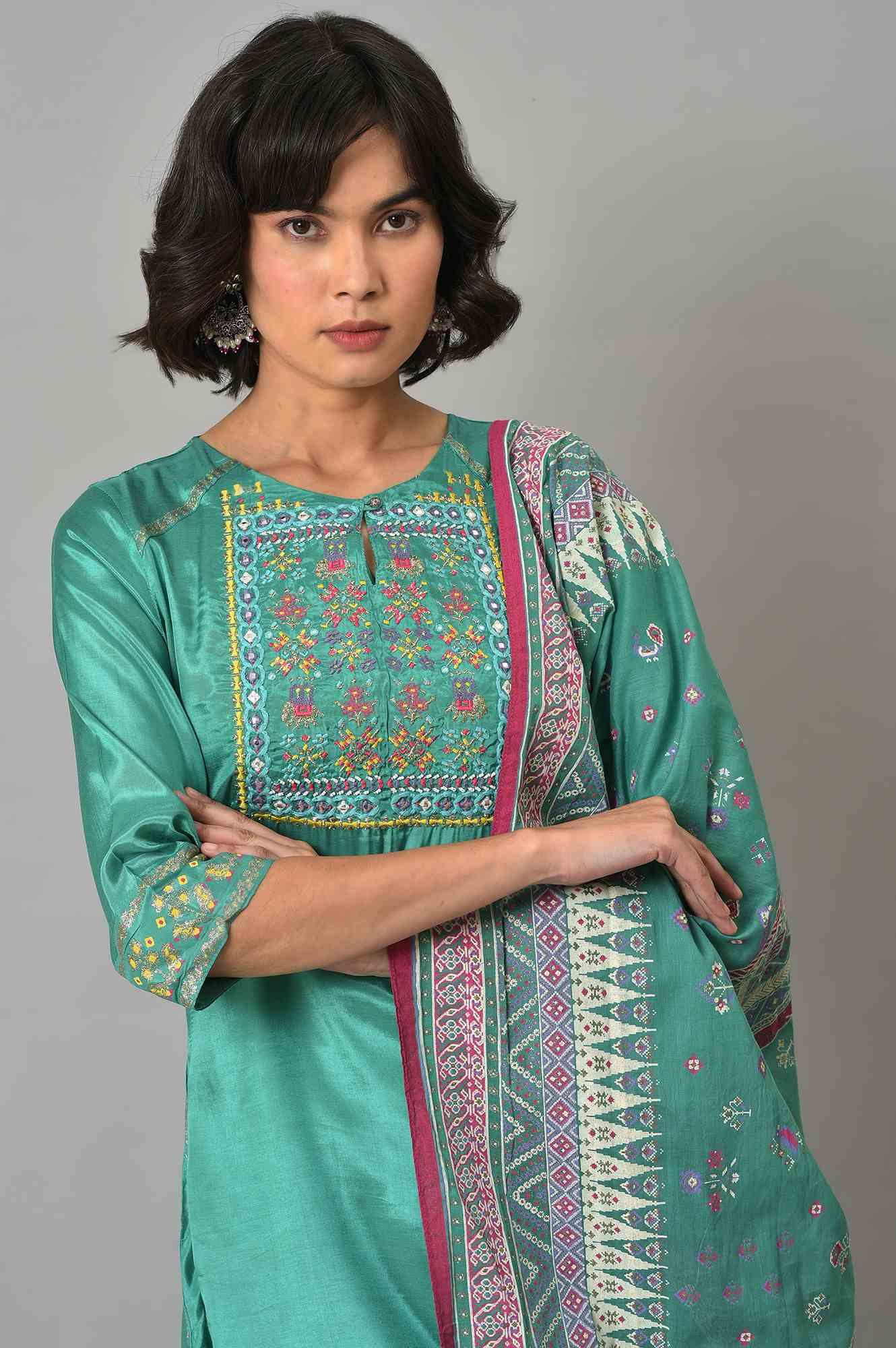 Green Embroidered Shantung kurta With Printed Parallel Pants And Dupatta - wforwoman